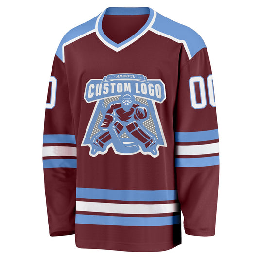 Custom Burgundy White-Light Blue Hockey Jersey - Sky-Custom