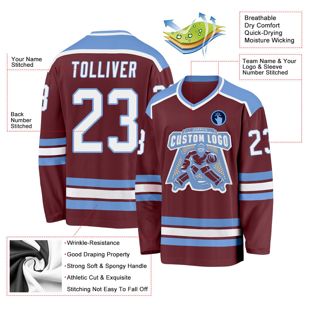 Custom Burgundy White-Light Blue Hockey Jersey - Sky-Custom
