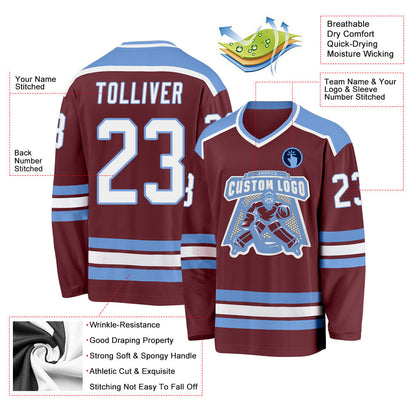 Custom Burgundy White-Light Blue Hockey Jersey - Sky-Custom
