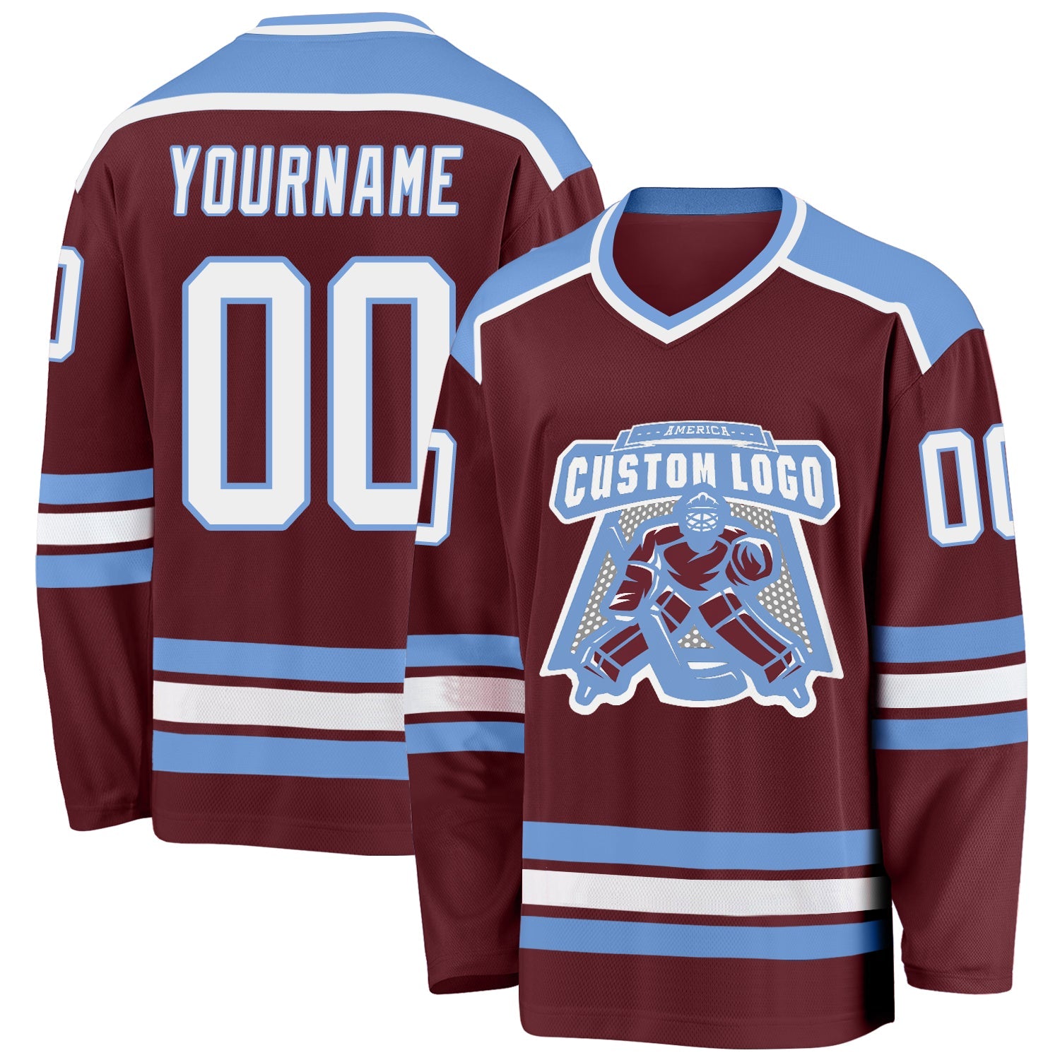 Custom Burgundy White-Light Blue Hockey Jersey - Sky-Custom