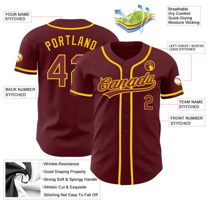 Custom Burgundy Yellow Authentic Baseball Jersey - Sky-Custom