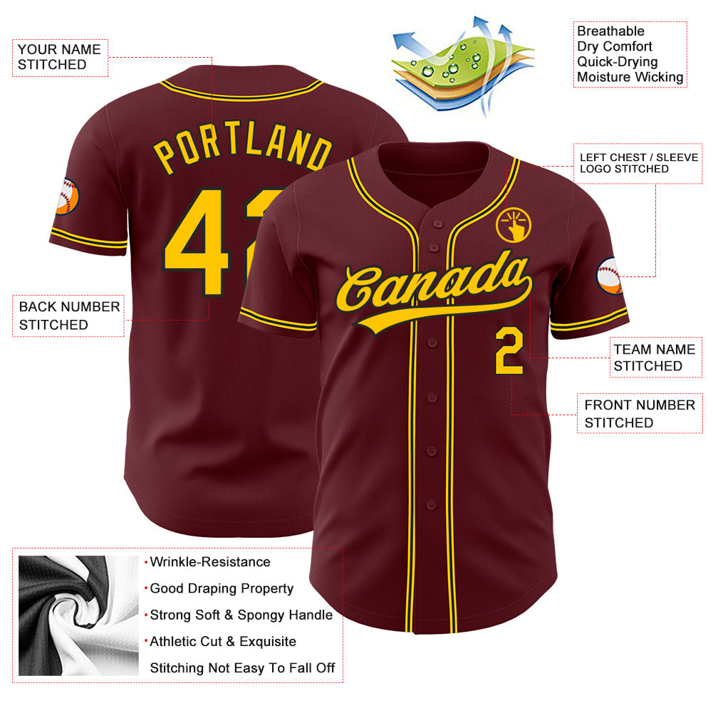 Custom Burgundy Yellow-Black Authentic Baseball Jersey - Sky-Custom