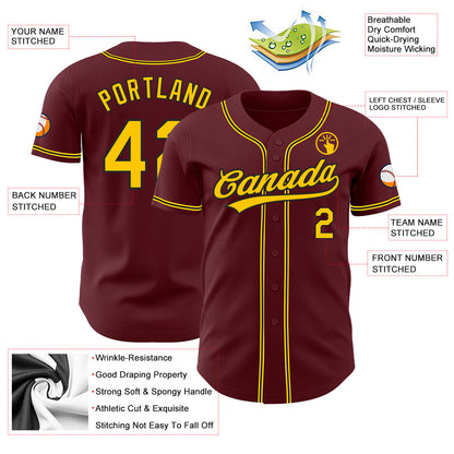 Custom Burgundy Yellow-Black Authentic Baseball Jersey - Sky-Custom
