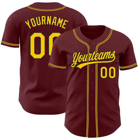 Custom Burgundy Yellow-Black Authentic Baseball Jersey - Sky-Custom