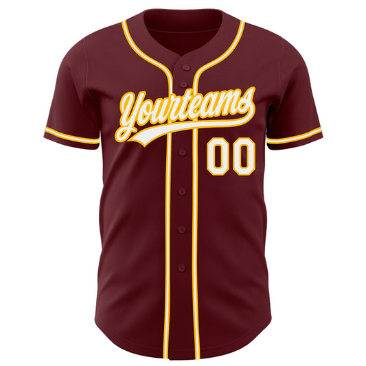 Custom Burgundy White-Gold Authentic Baseball Jersey - Sky-Custom