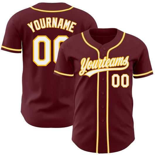 Custom Burgundy White-Gold Authentic Baseball Jersey - Sky-Custom