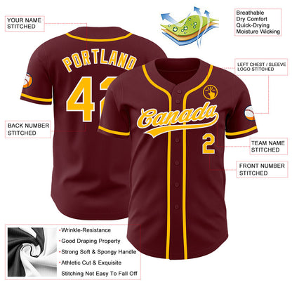 Custom Burgundy Gold-White Authentic Baseball Jersey - Sky-Custom