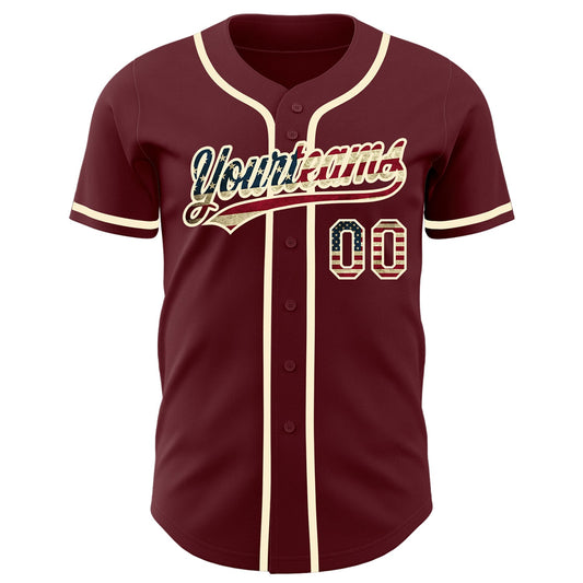 Custom Burgundy Vintage USA Flag-Cream Authentic Baseball Jersey - Sky-Custom