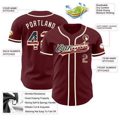 Custom Burgundy Vintage USA Flag-Cream Authentic Baseball Jersey - Sky-Custom