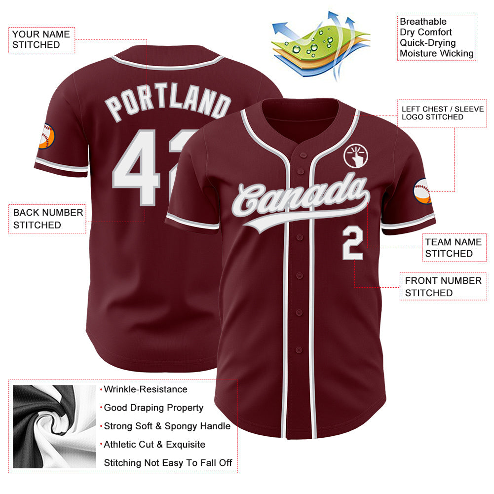 Custom Burgundy White-Gray Authentic Baseball Jersey - Sky-Custom