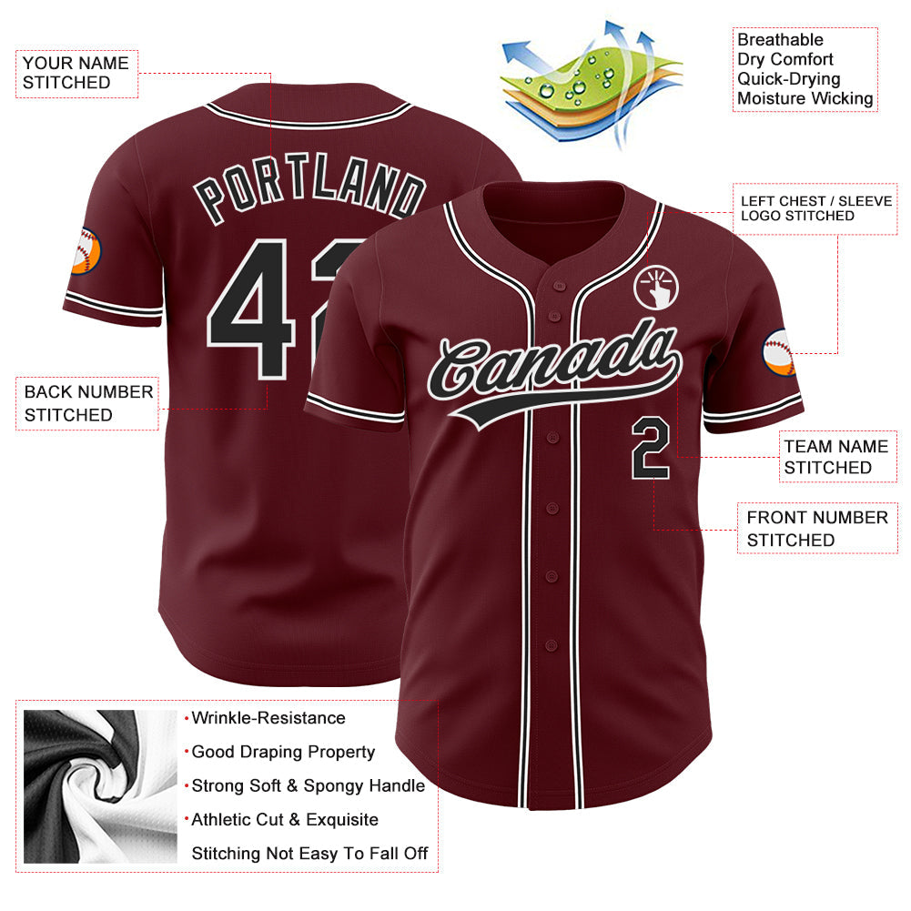 Custom Burgundy Black-White Authentic Baseball Jersey - Sky-Custom
