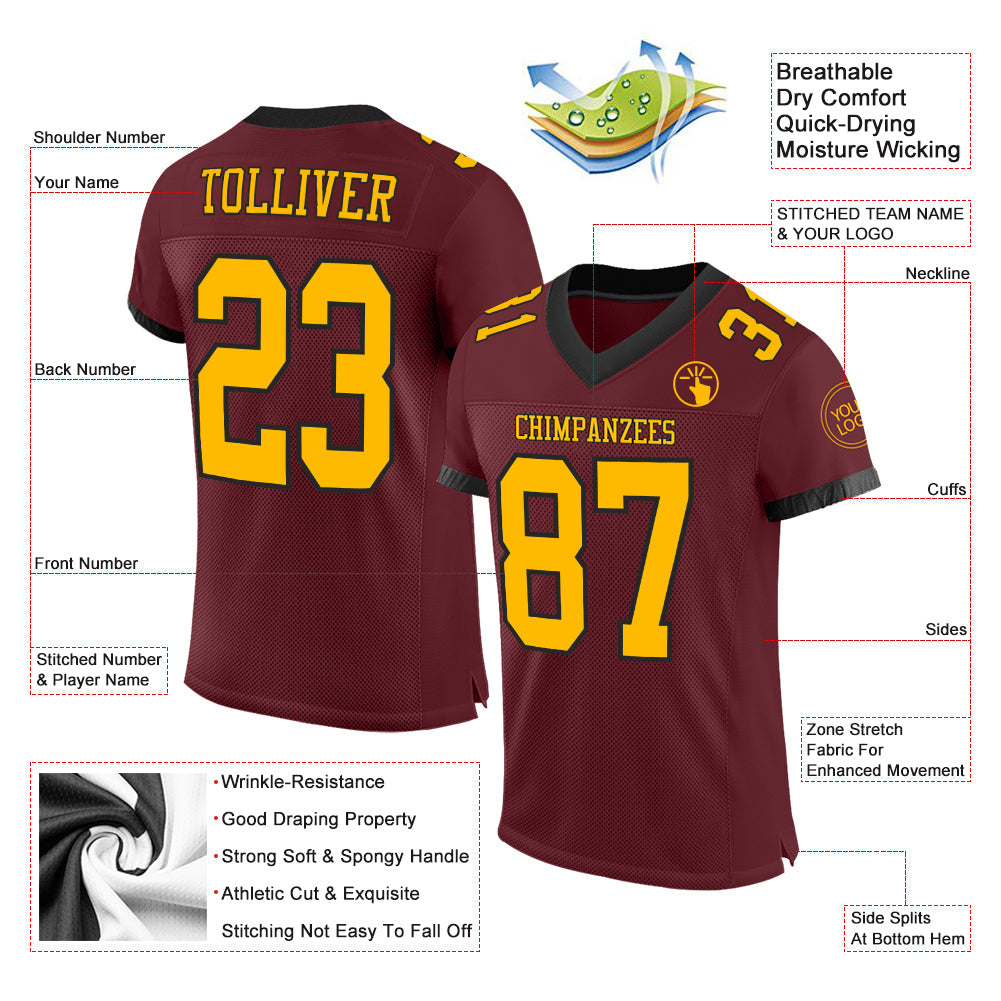 Custom Burgundy Gold-Black Mesh Authentic Football Jersey - Sky-Custom