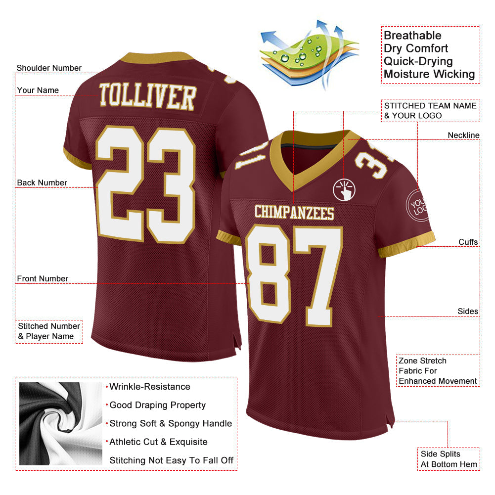 Custom Burgundy White-Old Gold Mesh Authentic Football Jersey - Sky-Custom
