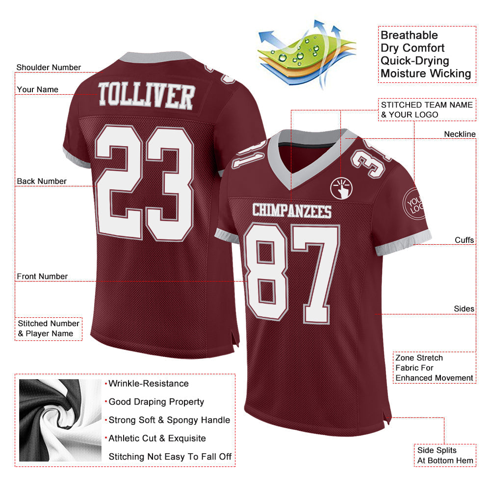 Custom Burgundy White-Gray Mesh Authentic Football Jersey - Sky-Custom