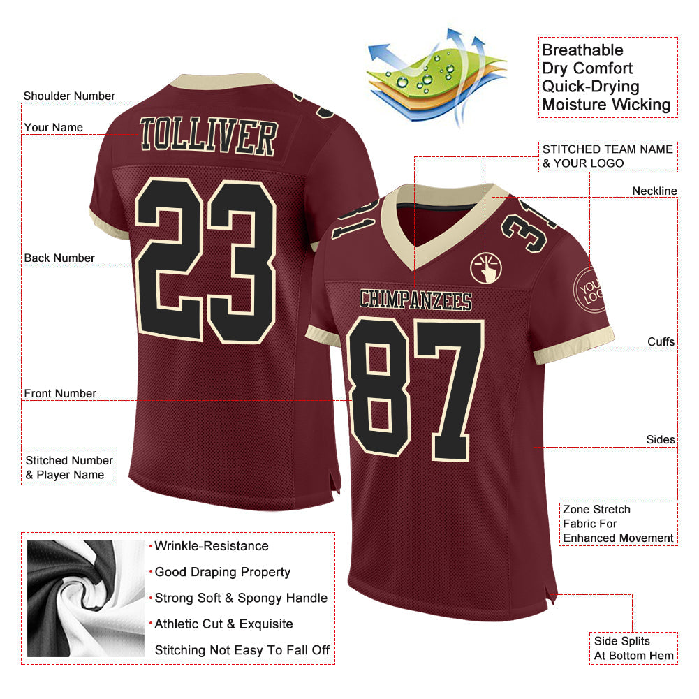 Custom Burgundy Black-Cream Mesh Authentic Football Jersey - Sky-Custom