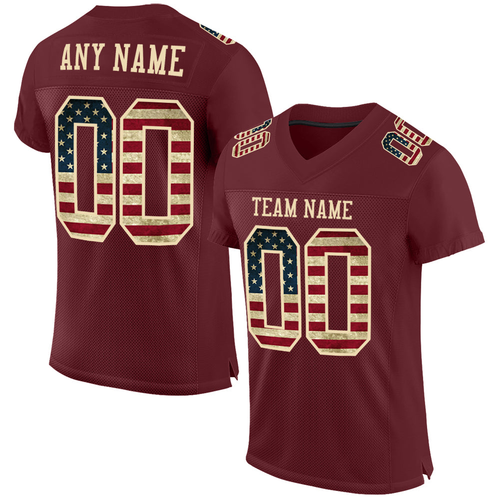 Custom Burgundy Vintage USA Flag-City Cream Mesh Authentic Football Jersey - Sky-Custom