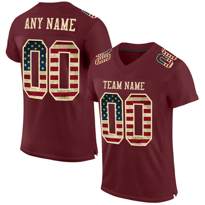 Custom Burgundy Vintage USA Flag-City Cream Mesh Authentic Football Jersey - Sky-Custom