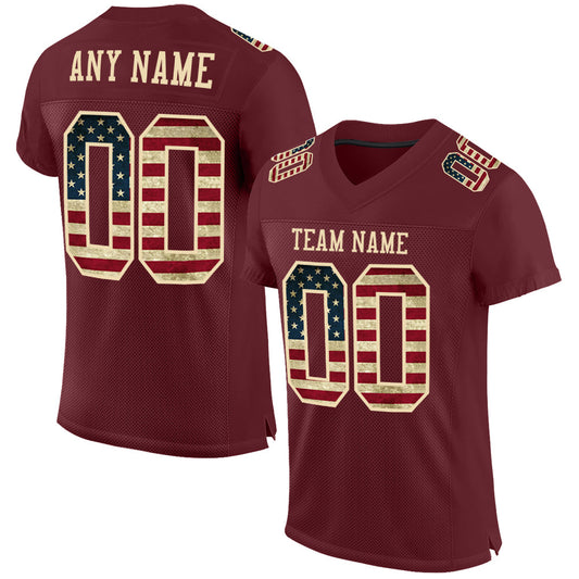 Custom Burgundy Vintage USA Flag-City Cream Mesh Authentic Football Jersey - Sky-Custom