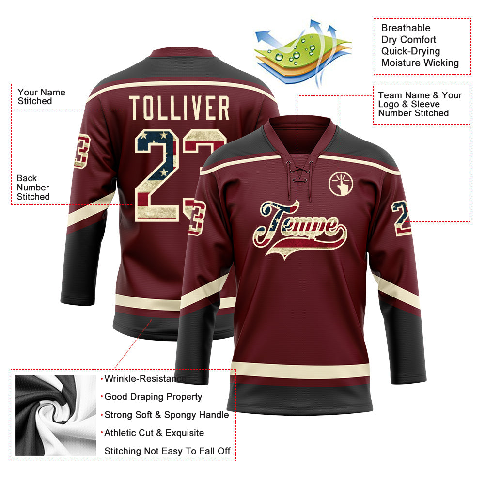 Custom Burgundy Vintage USA Flag Black-Cream Hockey Lace Neck Jersey - Sky-Custom