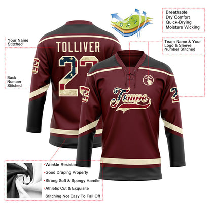 Custom Burgundy Vintage USA Flag Black-Cream Hockey Lace Neck Jersey - Sky-Custom