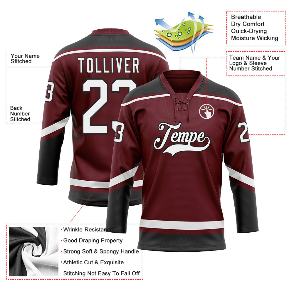 Custom Burgundy White-Black Hockey Lace Neck Jersey - Sky-Custom