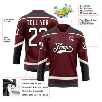 Custom Burgundy White-Black Hockey Lace Neck Jersey - Sky-Custom