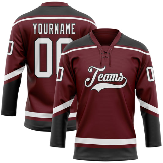 Custom Burgundy White-Black Hockey Lace Neck Jersey - Sky-Custom