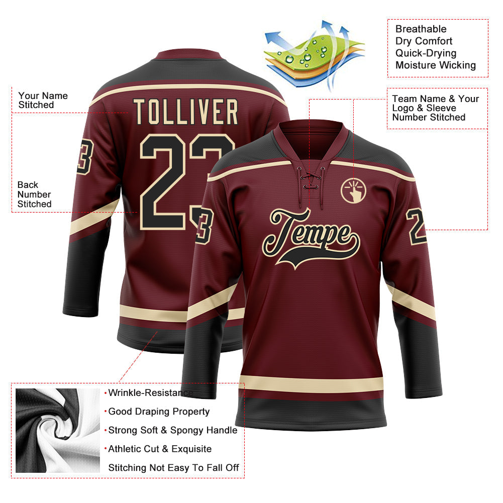 Custom Burgundy Black-City Cream Hockey Lace Neck Jersey - Sky-Custom