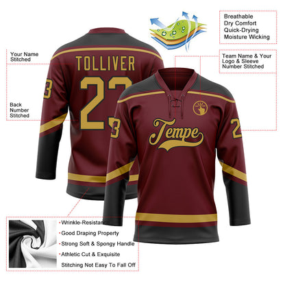 Custom Burgundy Old Gold-Black Hockey Lace Neck Jersey - Sky-Custom