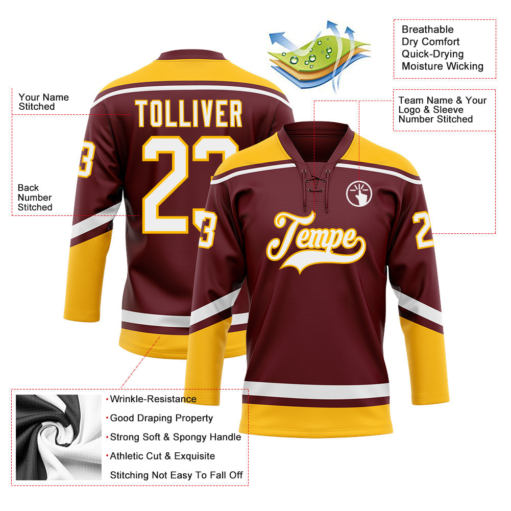 Custom Burgundy White-Gold Hockey Lace Neck Jersey - Sky-Custom
