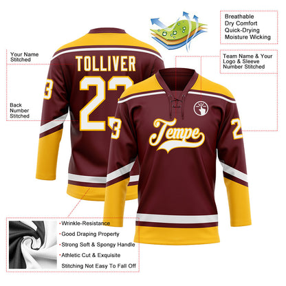 Custom Burgundy White-Gold Hockey Lace Neck Jersey - Sky-Custom