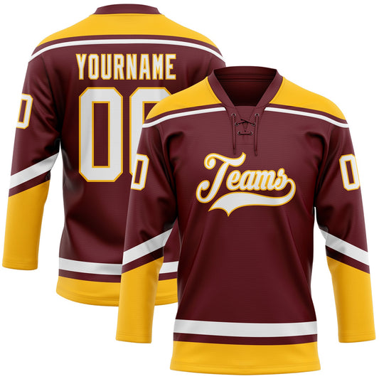 Custom Burgundy White-Gold Hockey Lace Neck Jersey - Sky-Custom
