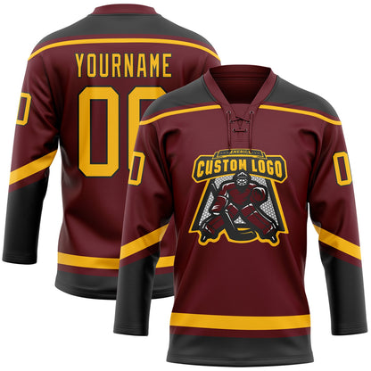 Custom Burgundy Gold-Black Hockey Lace Neck Jersey - Sky-Custom