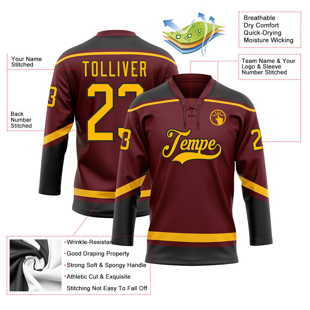 Custom Burgundy Gold-Black Hockey Lace Neck Jersey - Sky-Custom