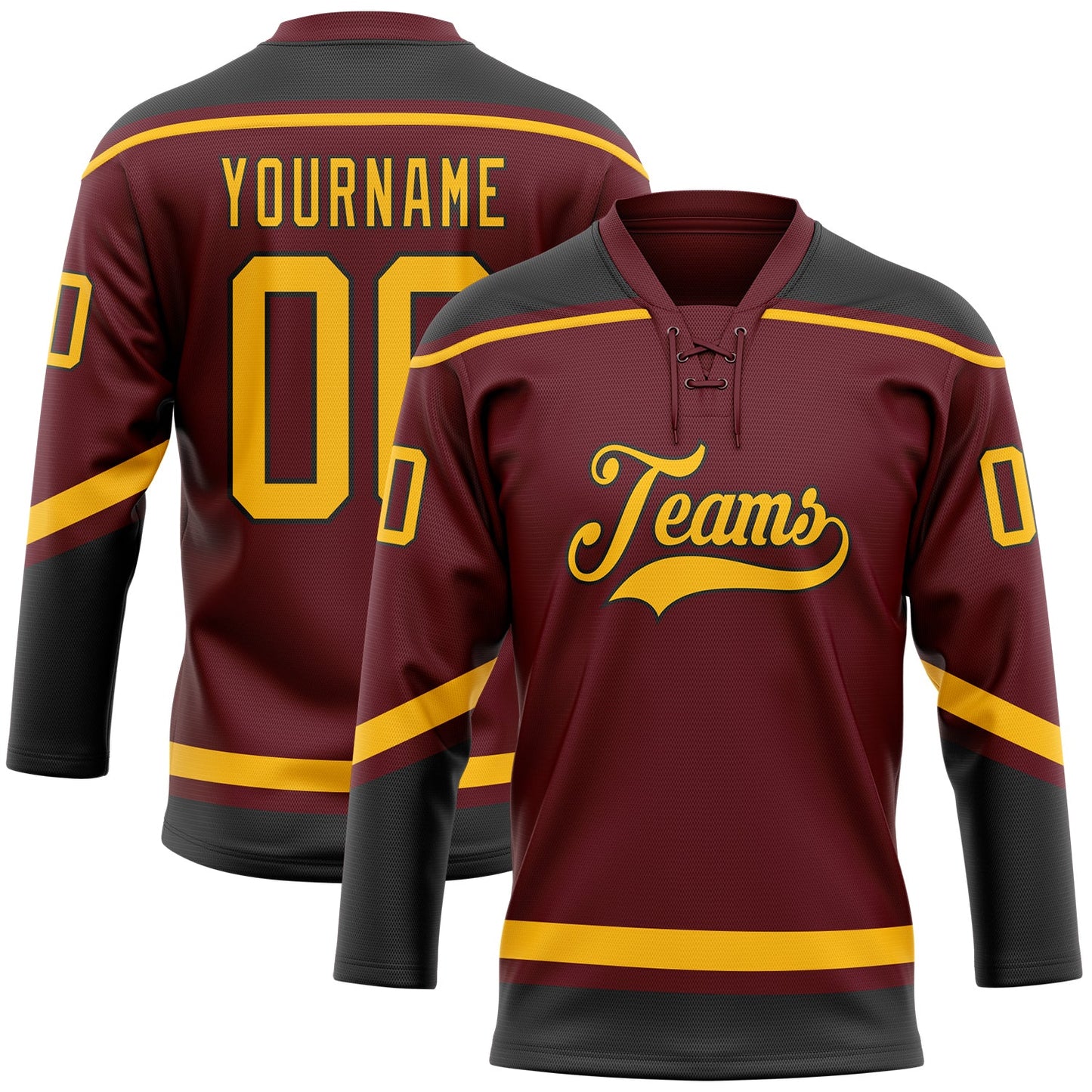 Custom Burgundy Gold-Black Hockey Lace Neck Jersey - Sky-Custom