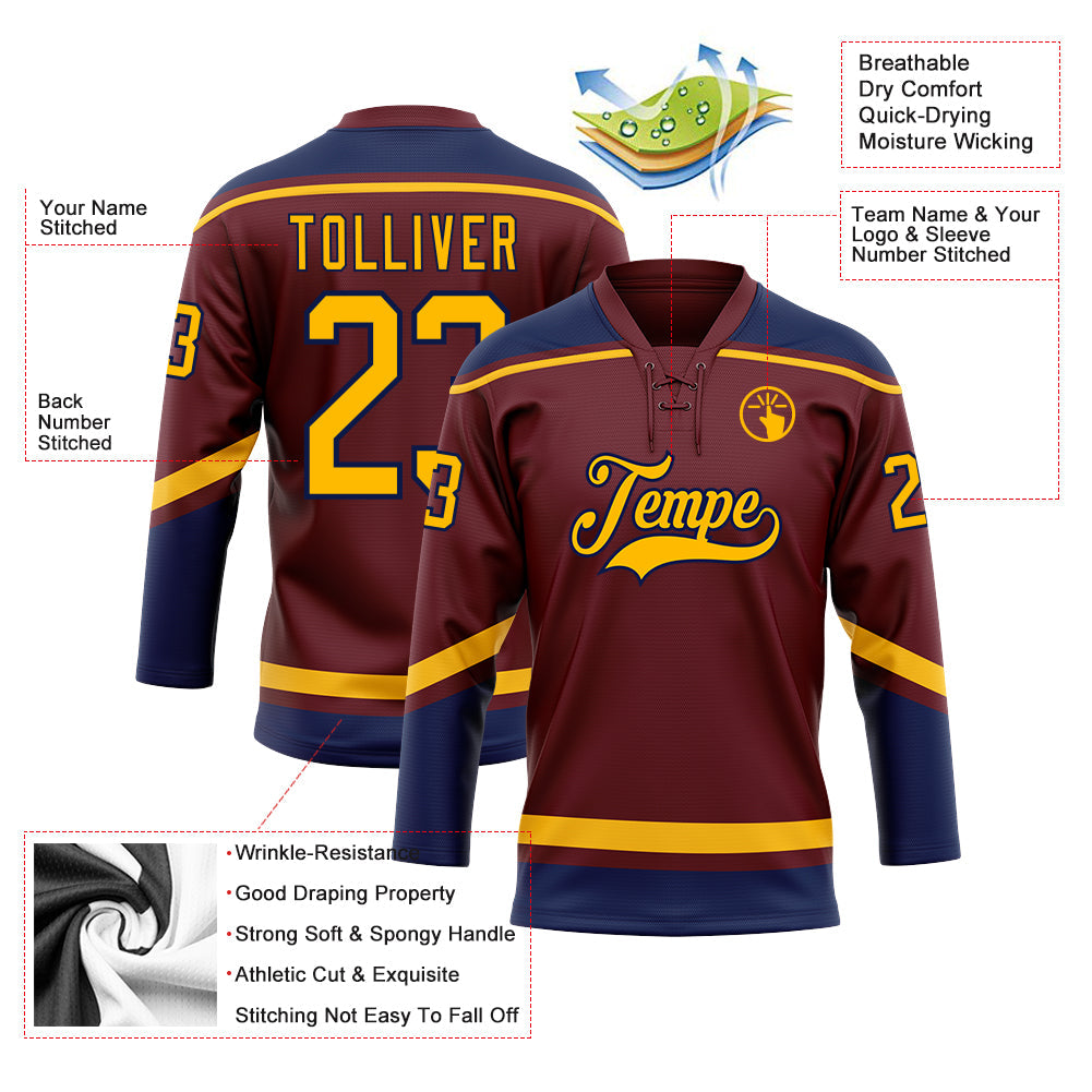 Custom Burgundy Gold-Navy Hockey Lace Neck Jersey - Sky-Custom