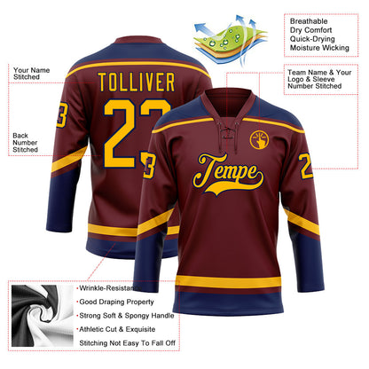 Custom Burgundy Gold-Navy Hockey Lace Neck Jersey - Sky-Custom