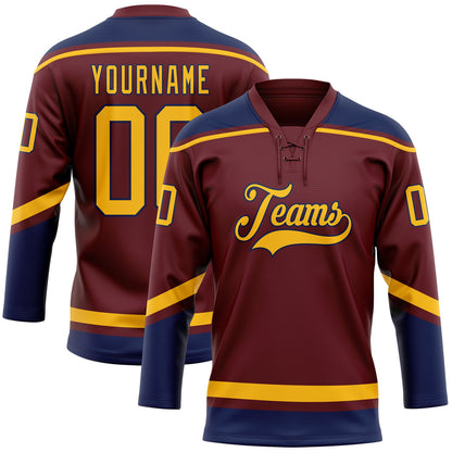 Custom Burgundy Gold-Navy Hockey Lace Neck Jersey - Sky-Custom