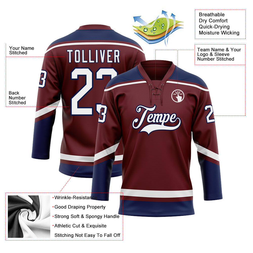 Custom Burgundy White-Navy Hockey Lace Neck Jersey - Sky-Custom