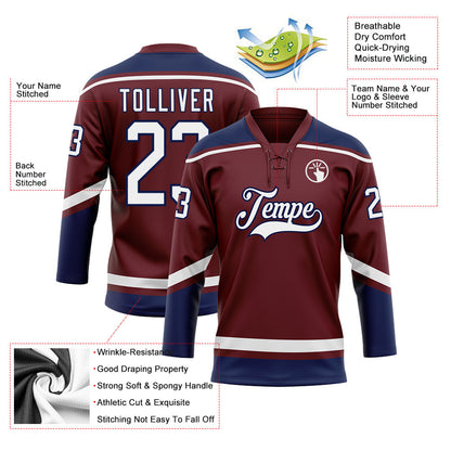 Custom Burgundy White-Navy Hockey Lace Neck Jersey - Sky-Custom