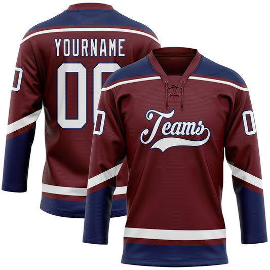 Custom Burgundy White-Navy Hockey Lace Neck Jersey - Sky-Custom