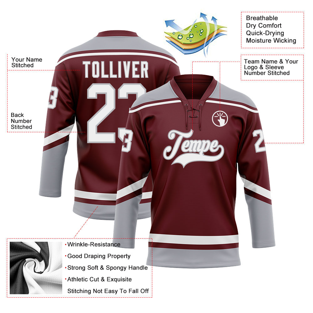 Custom Burgundy White-Gray Hockey Lace Neck Jersey - Sky-Custom