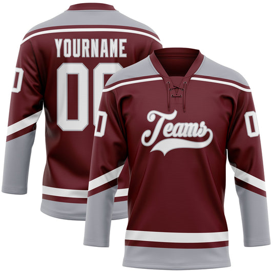 Custom Burgundy White-Gray Hockey Lace Neck Jersey - Sky-Custom