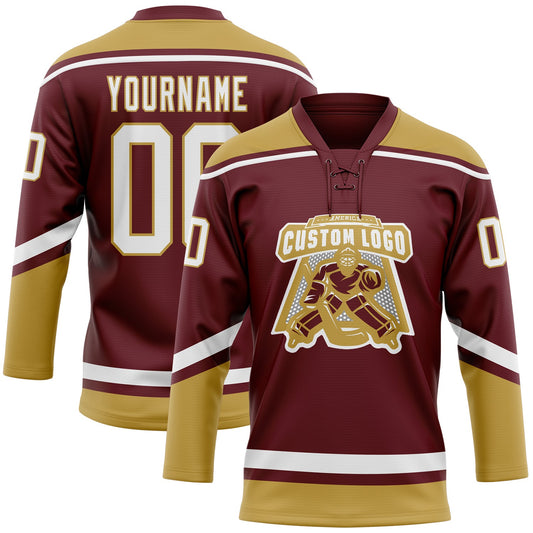 Custom Burgundy White-Old Gold Hockey Lace Neck Jersey - Sky-Custom