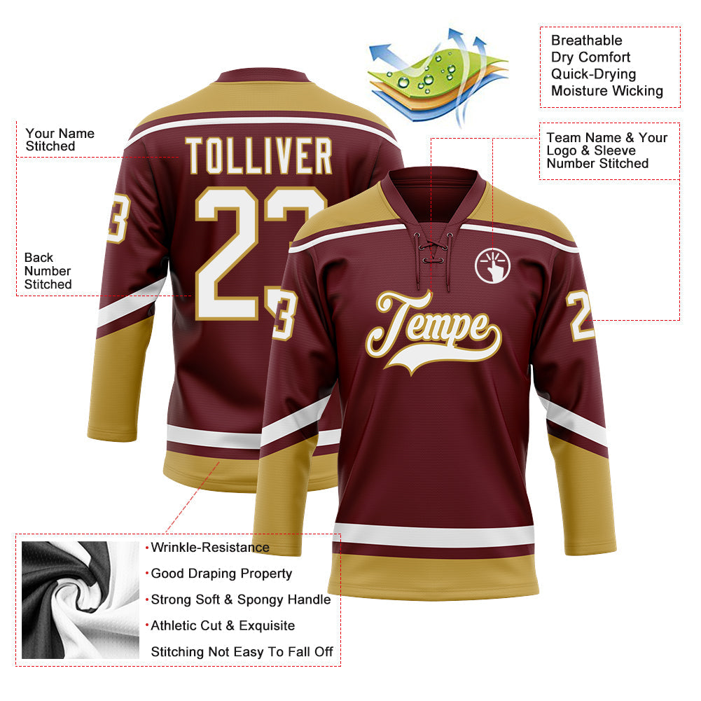 Custom Burgundy White-Old Gold Hockey Lace Neck Jersey - Sky-Custom