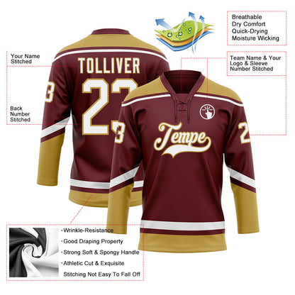 Custom Burgundy White-Old Gold Hockey Lace Neck Jersey - Sky-Custom