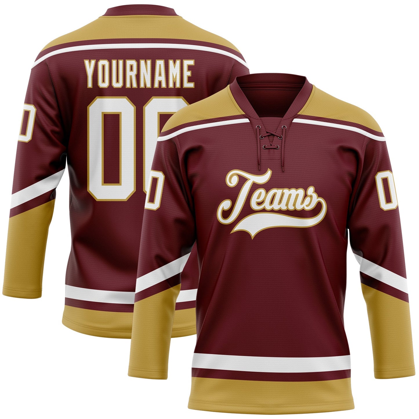 Custom Burgundy White-Old Gold Hockey Lace Neck Jersey - Sky-Custom