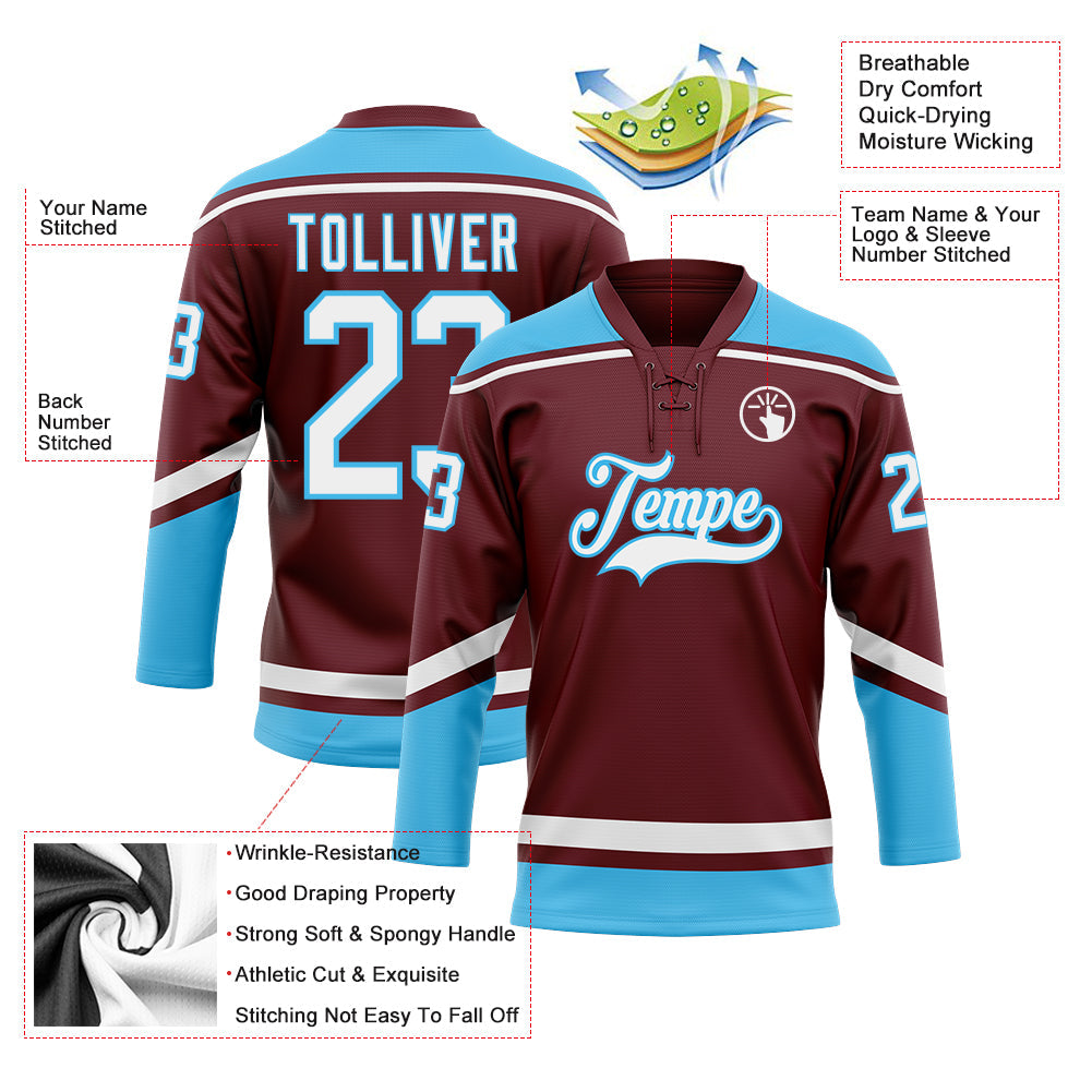 Custom Burgundy White-Sky Blue Hockey Lace Neck Jersey - Sky-Custom