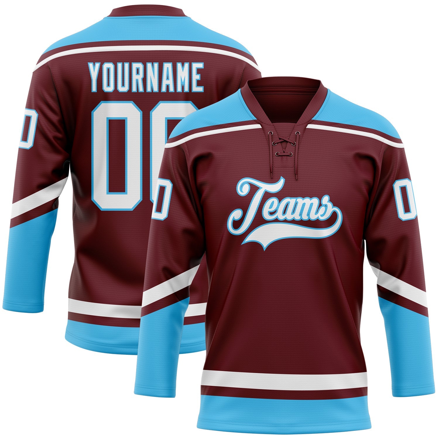 Custom Burgundy White-Sky Blue Hockey Lace Neck Jersey - Sky-Custom