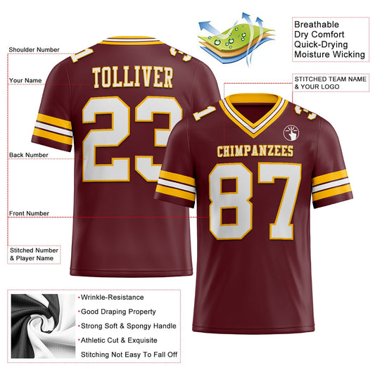 Custom Burgundy White-Gold Mesh Authentic Football Jersey - Sky-Custom